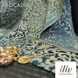 イギリス　輸入生地生地名：BROCADE/tealブランド名：iliv（アイリブ/イギリス）＊ハーフカット（巾約70cm）50cm以上10cm単位＊ダマスク柄・グリーン・ゴールド・織物・カルトナージュ・布・おしゃれ・高級・光沢・カット売り・クリスマス