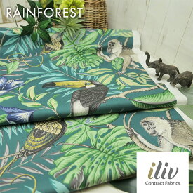 イギリス　輸入生地商品名：RAINFOREST/lagoonブランド名：iliv（アイリブ）＊50cm以上10cm単位*リゾート・動物柄・アニマル柄・サル・猿・モンキー・鳥・カルトナージュ・ハンドメイド・生地・布・グリーン・人気・トートバッグ・エコバッグ