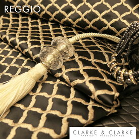 輸入生地　幾何学柄商品名：Reggio/Ebony ブランド名：CLARKE＆CLARKE(クラーク＆クラーク）＊ハーフカット＊50cm以上10cm単位イギリス　生地　刺繍　カルトナージュ 茶箱　黒　ブラック　ゴールド　エレガント　財布　巾着　カット　バッグ