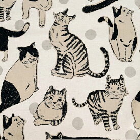 【綿麻キャンバス】★10cm単位続けてカット★手描き風大きな猫　ドット背景　全5色　2025