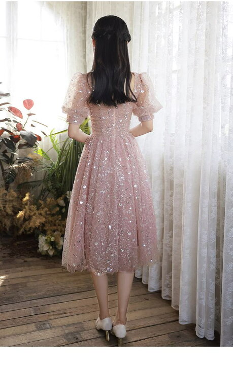 楽天市場】カラードレス ピンク くすみ パフスリーブ スパンコール  