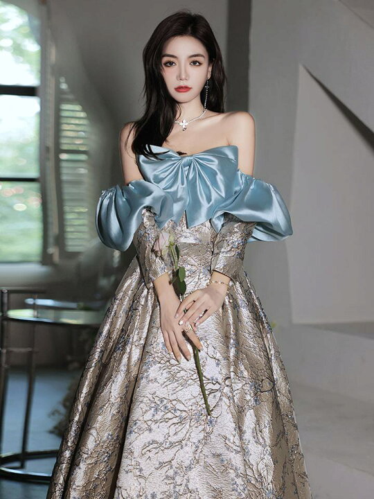 楽天市場】ビックリボン ブルー パーティードレス ビックパフ【着後  