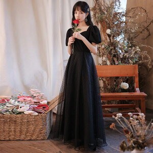 ブラック ドレス【着後レビュー特典】大人かわいく&上品に カラードレス 黒 水玉レース シンプル ハートカット パフスリーブ 床付 ガーリー カジュアルドレス チュール 谷間 パーティード