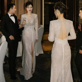 キラキラ スパンコール 深Vネック マーメイド セクシー 背中見せ シルバー ロング ドレス ワンピース パーティードレス 結婚式ドレス 二次会ドレス カラードレス ロングドレス ステージ フォーマルドレス タイト カクテルドレス イブニングドレス 【wdn-752】