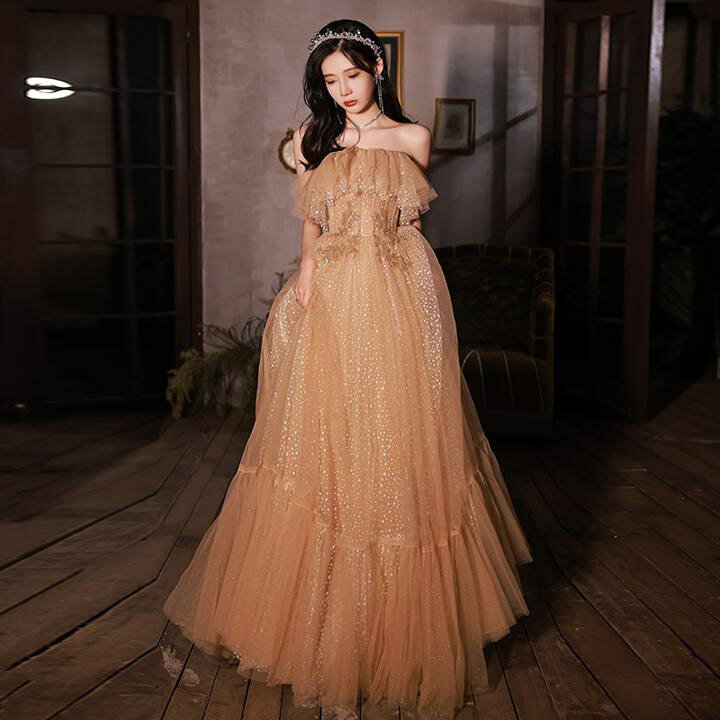 楽天市場】ボリュームスカートロングドレス イエロー ベージュ 胸元  