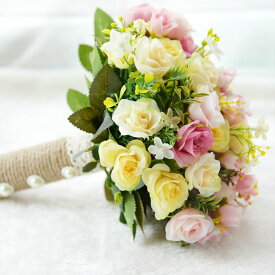 ウエディングブーケ ブートニア 結婚式 ラウンド型 ブーケ 造花 ウェディング用 アレンジメント 花嫁 披露宴 ガール バラ ボタン 花束
