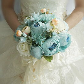 ブルー ウエディングブーケ 大ぶり 結婚式 ラウンド型 ブーケ 造花 ウエディング用 アレンジメント 花嫁 披露宴 ガール バラ ボタン 花束 サムシングブルー 清楚