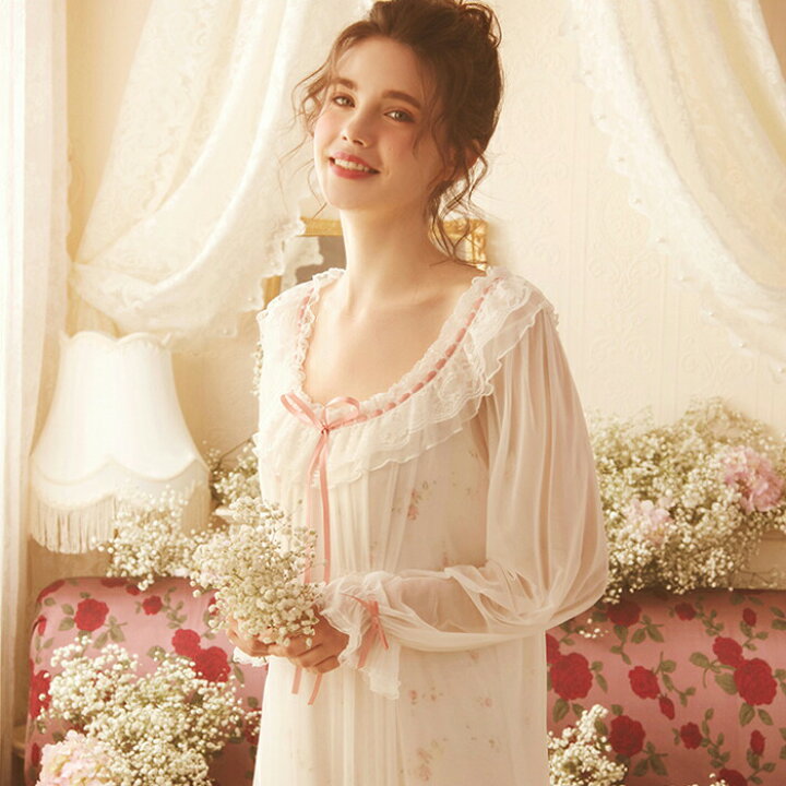 楽天市場 大人可愛い エレガント シースルー ネグリジェ 胸元リボン 胸元レース ロング パジャマ 姫系 ナイトウェア ルームウェア 長袖 痩せ見せ 寝巻 部屋着 女の子 ワンピース 婦人 女性 ファクトリーダイレクト ラボ