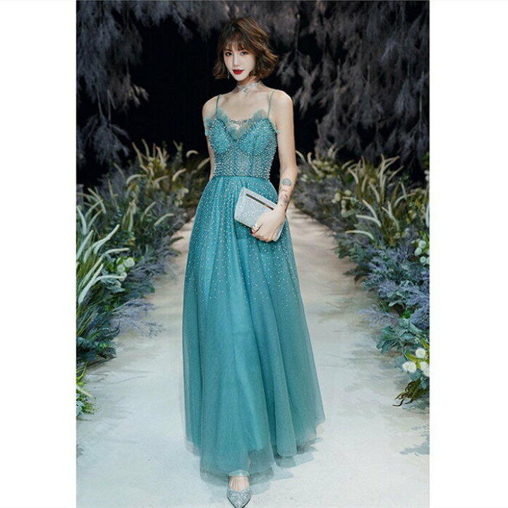 美品✨エメ ロングカラードレス 無かっ フレア ビーズ刺繍 オーロラ  