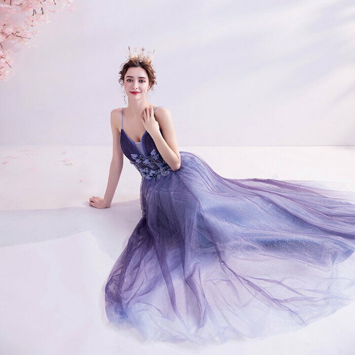豪華！ カラードレス パープル キラキラグリッターチュール エンパイア  