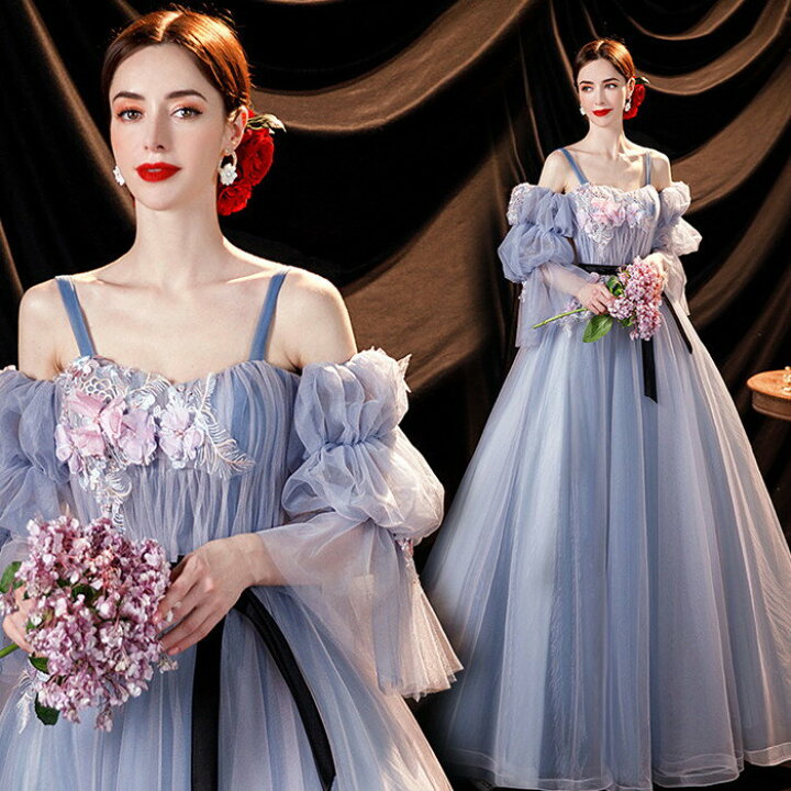 楽天市場】長袖 ブルー カラードレス【着後ﾚﾋﾞｭｰ特典】デザイン性  