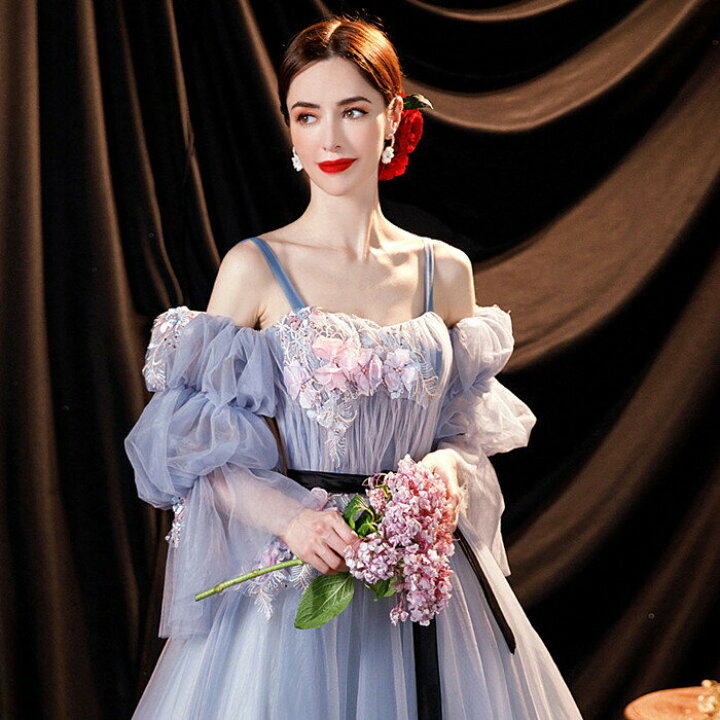 楽天市場】長袖 ブルー カラードレス【着後ﾚﾋﾞｭｰ特典】デザイン性  