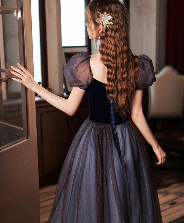 上品！ブラック パーティードレス 胸元フリル パフスリーブ Aライン  