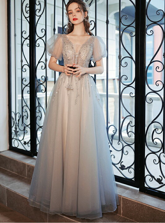 楽天市場】キラキラ輝く刺繍が美しいパフスリーブふんわりAライン  