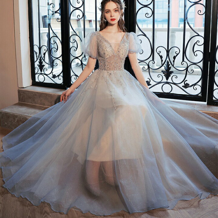 楽天市場】キラキラ輝く刺繍が美しいパフスリーブふんわりAライン  