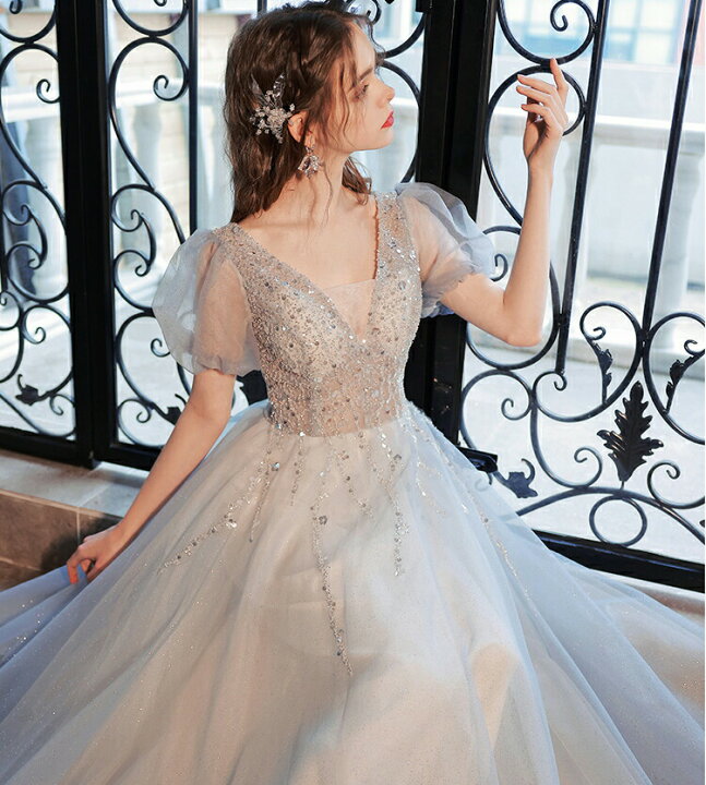 楽天市場】キラキラ輝く刺繍が美しいパフスリーブふんわりAライン  