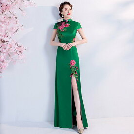 チャイナドレス ロング 花刺繍が豪華で上品 シンプル デザイン 半袖 フレンチ袖 セクシー 大きいサイズ 丈夫で通気性が良い チャイナ服