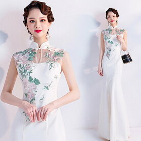 エレガント ロングドレス チャイナドレス ロング 上品でシンプル デザイン シースルー セクシー 大きいサイズ 丈夫で通気性が良い 白 ホワイト 花刺繍