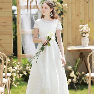 【着後レビュー特典】上品なクルーネックがロマンチック! バックリボン aライン パール 総レース 半袖 ビッグリボン ウェディングドレス シンプル インポート ワンピース 海外 結婚式 ブ