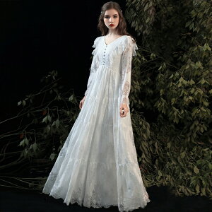 ウェディングドレス 長袖【着後レビュー特典】クラシカルなロマンティック レースデザイン 総レース ドレス シースルー 透かし 白 ワンピース ウェディングドレス シンプル 海外 結婚式 ブ