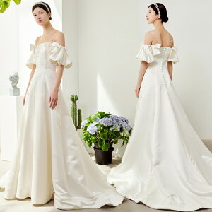 前撮り ドレス【着後レビュー特典】オーダー 透明感UP パールの肩紐 フリル リボン aライン ドレス レース オフショル ウェディングドレス シンプル 海外 結婚式 ブライダル 30代 ロング レー