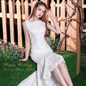 フィッシュテール ウエディングドレス 【着後レビュー特典】マーメイドライン どの角度からでもメリハリのある美シルエットドレス シンプル ノースリーブ 総レース 着心地が良く軽やかで