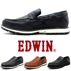 防水 スリッポン メンズ カジュアルシューズ ローファー デッキシューズ PUレザー 革靴 スニーカー 耐滑Wグリップ底 上質素材 紐なし靴 おしゃれ EDWIN エドウィン edm4103|正規販売店