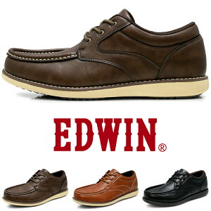 エドウィン 防水 カジュアルシューズ 革靴 スニーカー メンズ 幅広 3E 軽量 衝撃吸収ソール Uチップ モックトゥ おしゃれ 紐靴 紳士靴 EDWIN EDM463|正規販売店