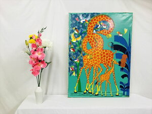 【即納・生原画 ティンガティンガ】<ABBASI>の「クネクネきりん」大型75x55cm 木枠張り・カンと紐つきでスグ飾れます バックカラー:パステルグリーン