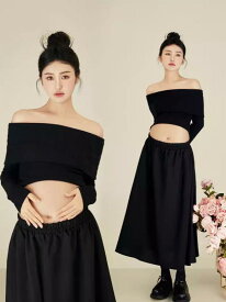 マタニティ 黒 上品 スリム セットアップ 撮影服 妊婦 ホームフォト スタジオ アート スタイル ゆったり フィット ボディライン 強調 自然 ポーズ