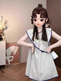 ワンピース レディース 夏 フリル ストライプ かわいい 小柄 爽やか 減齢 優しい 雰囲気 フェミニン 軽やか 日常使い ナチュラル スタイル
