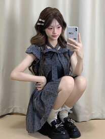 ワンピース レディース グレー 波点柄 キャップスリーブ 夏用 ペティート 爽やか かわいい ミニ丈 カジュアル 軽量 コットン混 フレンチスタイル 膝上丈