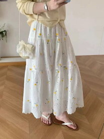 春夏 レディース スカート 刺繍 花柄 綿 レース 中長丈 Aライン フレア 甘め スタイル 軽やか デザイン
