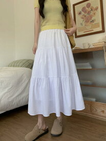 ロングスカート レディース チェック柄 夏用 甘め Aライン フレアスカート 3層 切り替え スリム効果 清新 コーディネートしやすい エレガント 軽やか 涼しい 綿混 膝下丈 普段使い