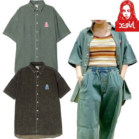 エックスガール X-GIRL FACE DENIM S/S SHIRT デニム シャツ 半袖 フェイス 顔 ワンポイント シンプル ビックシルエット 人気 ブランド レディース ユニセックス