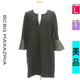 【超得★15%OFFクーポン】【中古】 ＼売り尽くし!／【大幅値下】 ビーシービージーマックスアズリア BCBG MaxAzria ワンピース チュニック 長袖 L ブラック レディース 冬 /エコレザーフレア七分袖膝上ワンピース 【ブランド古着のファレット】