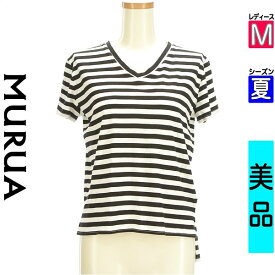 【超得★4/2(火)まで!P10倍】【中古】【セール】 ムルーア MURUA Tシャツ 半袖 M ブラック レディース 夏 /VネックボーダーTシャツ【ブランド古着のファレット】