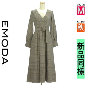 【超得★4/2(火)まで!P10倍】【中古】【人気】 エモダ EMODA ワンピース チュニック 長袖 M グレー レディース 秋 /ベルト付きカシュクールチェックロングワンピース【ブランド古着のファレット】