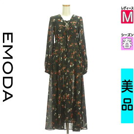 【超得★4/2(火)まで!P10倍】【中古】【人気】 エモダ EMODA ワンピース チュニック 長袖 M ブラック レディース 春 /レースアップ花柄シアーロングワンピース 【ブランド古着のファレット】