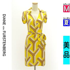 【超得★4/2(火)まで!P10倍】【中古】【新着】 ダイアンフォンファステンバーグ DIANE VON FURSTENBERG ワンピース チュニック 半袖 M イエロー レディース 夏 /カシュクール膝丈シルクワンピース 【ブランド古着のファレット】