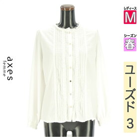 ＼期間限定!10%OFFクーポンで1386円／ アクシーズファム axes femme ブラウス レディース 春 長袖 ホワイト M ピンタック×レース　ノーカラーブラウス 【中古】【古着】【新着】お買い物マラソン全品P5倍