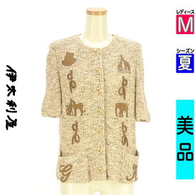 ＼14周年記念★半額クーポン対象×P2倍／ イタリヤ 伊太利屋 ジャケット レディース 夏 ブラウン M 動物ワッペン付き半袖ニットカーディガン 【中古】【古着】【セール】お買い物マラソン