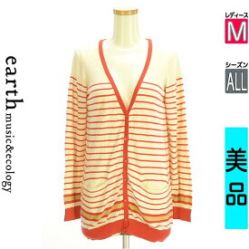 【注目★全品ポイント11倍】 アースミュージック＆エコロジー earth music&ecology カーディガン ボレロ レディース オールシーズン 　 レッド M ミドル丈ボーダーカーディガン 【中古】【古着】【セール】