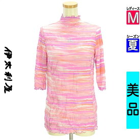 ＼14周年記念★半額クーポン対象×P2倍／ イタリヤ 伊太利屋 カットソー プルオーバー レディース 夏 半袖 ピンク M ラインストーン入り6分袖ボーダー柄カットソー 【中古】【古着】【セール】お買い物マラソン