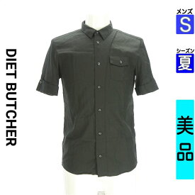 ダイエットブッチャー DIET BUTCHER カジュアルシャツ メンズ 夏 半袖 ブラック S DIET BUTCHER SLIM SKIN 刺繍ラインシャツ 【中古】【古着】【大幅値下】