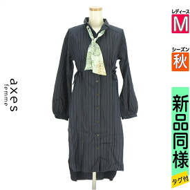 アクシーズファム axes femme ワンピース チュニック レディース 秋 長袖 紺色/ネイビー M ボウタイ付き膝下ストライプシャツワンピース 【中古】【古着】【新着】