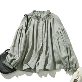 fall-in&co ブラウス レディース リネン100％ 麻 オフィス 長袖シャツ トップス 上品 春夏秋 服装 婦人服 40 50代 おしゃれ ホワイト 無地 華やか ゆったり フリルネック ギャザー 大人かわいい 通勤 仕事 式典 シーンレス 贈り物 プレゼント