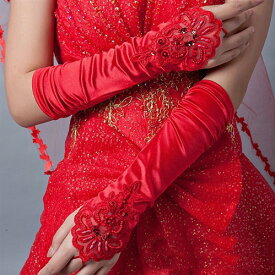 ドレス　ロングドレス　キャバドレス　の必需アイテムパールビーズ&スパンコール装飾デザインサテングローブ　フォーマル　パーティー　結婚式　全2色（赤　白)