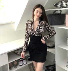 キャバドレス キャバワンピ　ミニドレス　セクシーな女豹柄切り替え長袖ストレッチタイトミニドレス　レオパ柄　ヒョウ柄　アニマル柄