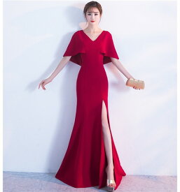ロングドレス キャバドレス ドレス 胸元Vラインデザイン　セクシースリットフレアーロングドレス